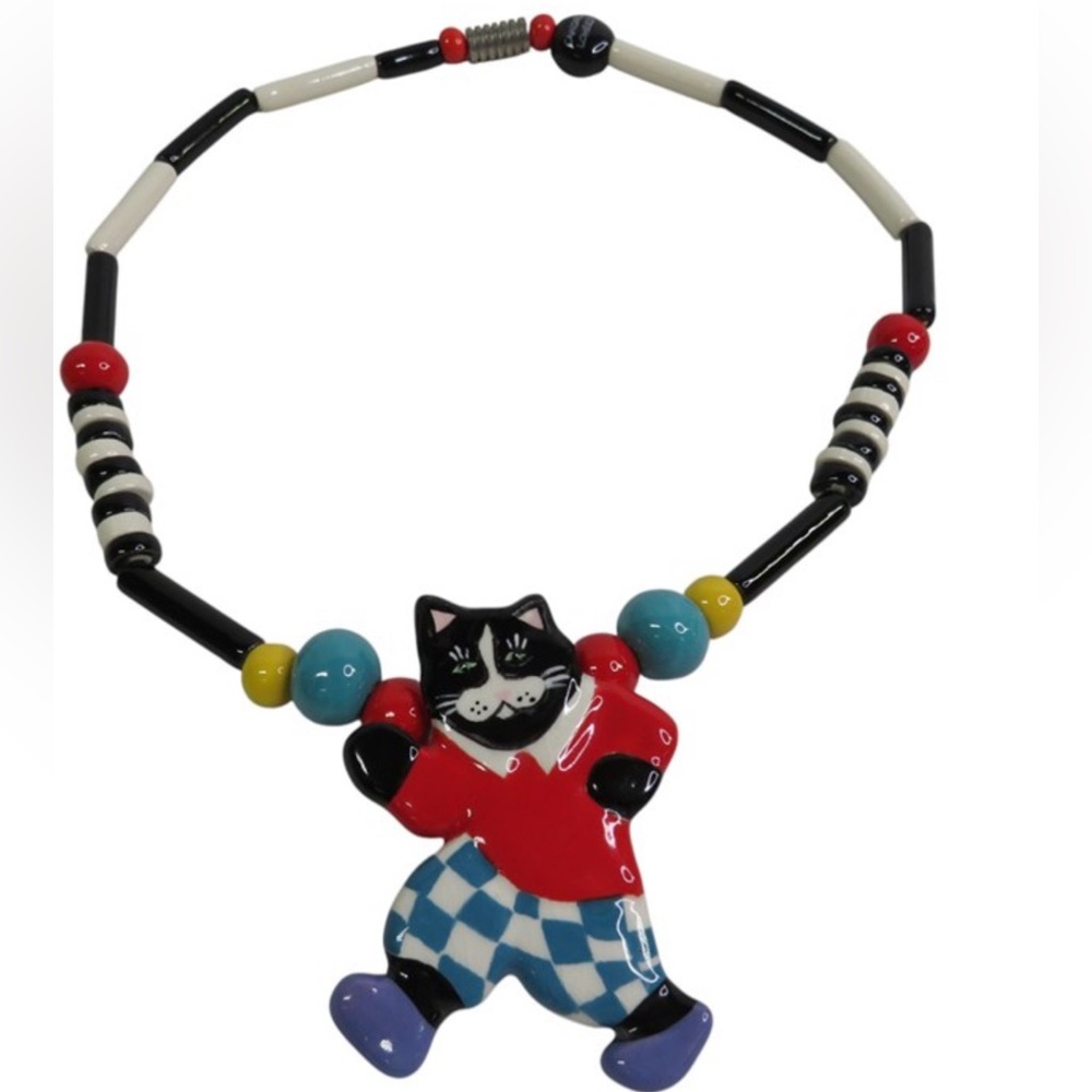 Ruby Z Womens Ceramic Beaded Cat SIGNED Necklace by Candace Loheed Vintage